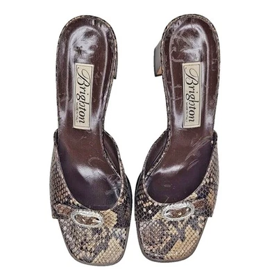 Tacones Brighton Para Mujer Cuero Tostado Francia Piel de Serpiente Peep Toe Talla EE. UU. 8 M Foto 1 de 4