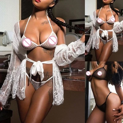 BH-Set Frauen Mesh Nachtwäsche Sexy BH + G-String Badebekleidung - Bild 1 von 4