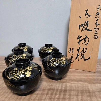 Juego de tazones de sopa Shikan Sukimiwan 5 piezas laca negra patrón dorado japonés Foto 1 de 4