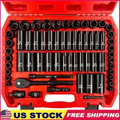 64pcs 3/8" Impact Socket Set Chrome Vanadium Steel W/ Ratchet & Storage Box New - Image 1 of 4
