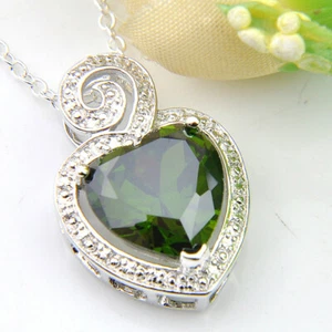 Genuine Gemstone Jewelry Gift Heart Olive Peridot Gems Silver Necklace Pendants - Picture 1 of 6