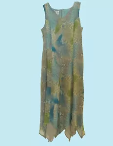 Vintage 90s Tess Silk Sleeveless Blue, Yellow, Gray Pattern Shift Dress Size 8 - Picture 1 of 3