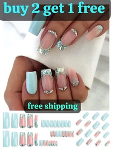 24 uñas postizas cuadradas cortas manicura francesa puntas falsas presionadas uñas de cubierta completa - Imagen 1 de 33