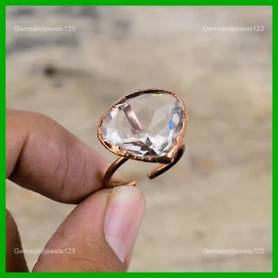 Corona Chakra Pera Topacio Blanco Piedra Cobre Electroformado Promesa Anillo Joyería Foto 1 de 4