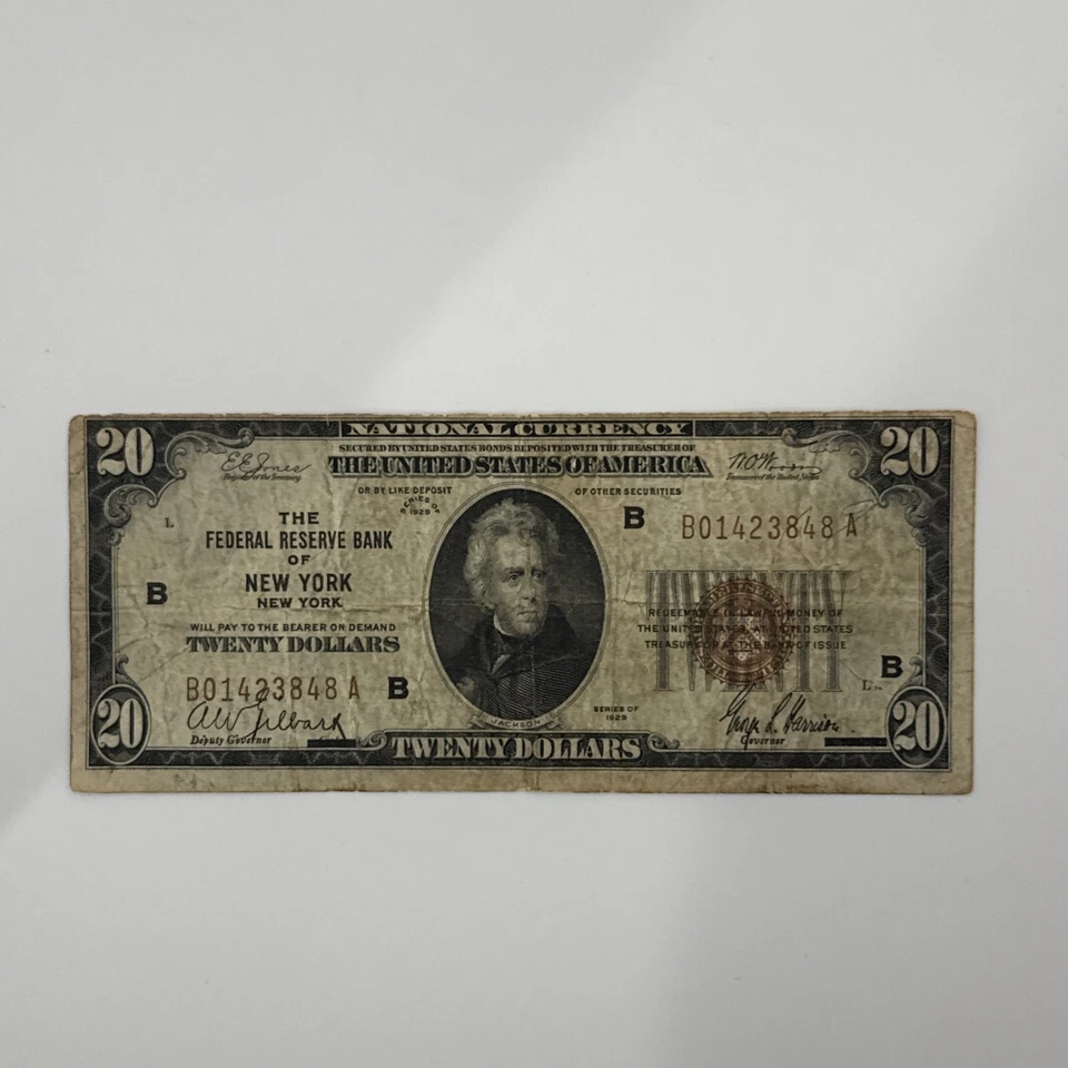 Billete de 20 dólares de la Reserva Federal de 1929 Nueva York NY Foto 1 de 2