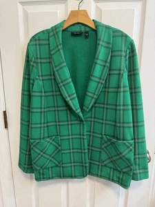 Susan Graver Weekend Green XL Printed Plaid French Knit Shawl Collar Blazer - Picture 1 of 17