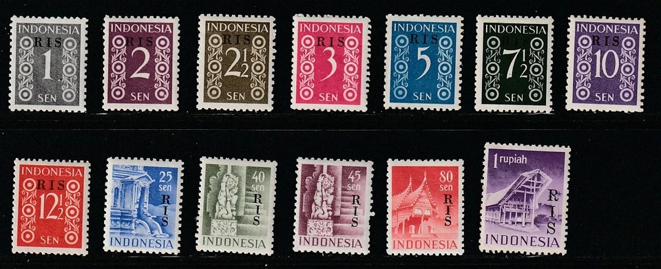 印度尼西亚 1950 Sc # 335-58(13val.)    叠印 MNH OG — 第 1/1 张图片