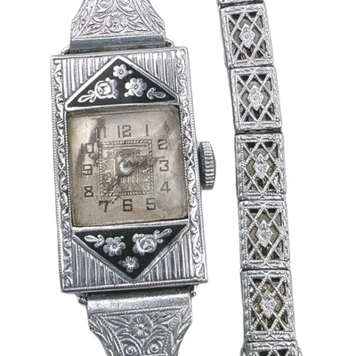 Reloj mecánico Art Deco Bulova relleno de oro 14K para damas esmalte floral Foto 1 de 4