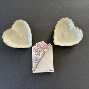 Set of Two Lenox Style Heart Shaped Scalloped Embossed Rose Gilded Edge Dishes - Picture 1 of 12