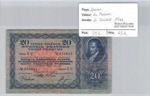 SUISSE - 20 FRANCS - 21.7.1931 - PICK 39C - SERIE 5V - N°038645 - Imagen 1 de 2