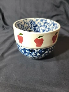 Vintage Pottery  Apple Design Blue Spongeware Bowl Planter Pot Sponge Wear - Picture 1 of 9