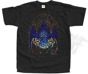 Katholisches T-Shirt Engel Uhr Krippe Weihnachten schwarz Buntglas T-Shirt - Bild 1 von 2