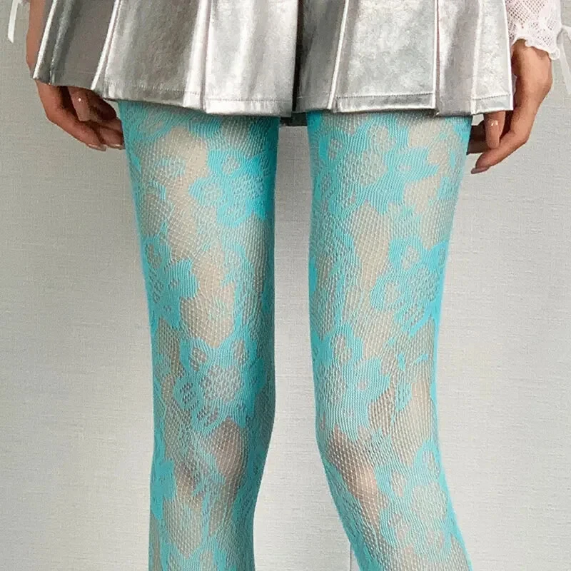 Meia-calça feminina de malha de renda floral estilo meia-calça de verão punk oco Y2K - Imagem 1 de 4