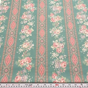 Vintage Joan Kessler Concord Turquoise Striped Floral Cotton Blend Remnant 24x42 - Picture 1 of 2