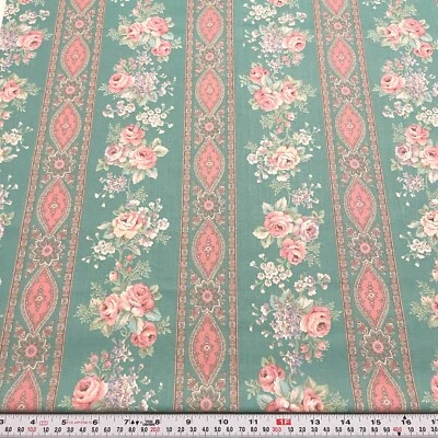 Vintage Joan Kessler Concord Turquoise Striped Floral Cotton Blend Remnant 24x42 - Image 1 of 2