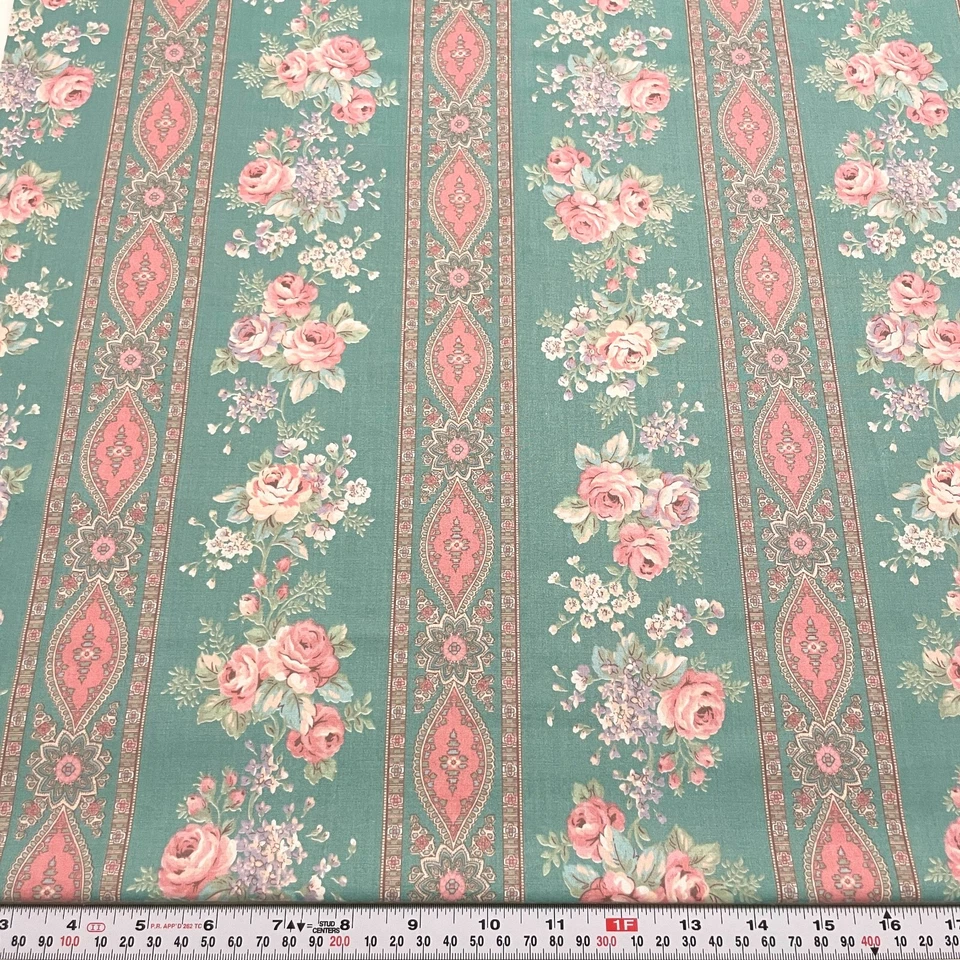 Vintage Joan Kessler Concord Turquoise Striped Floral Cotton Blend Remnant 24x42 - Image 1 of 2