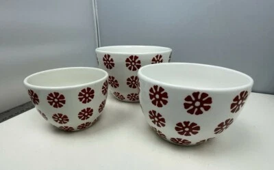 Crate & Barrel Scandia Set of 3 Nesting Bowls White Red Snowflakes Ceramic - Image 1 of 4