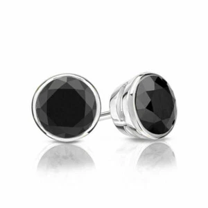 14K White Gold 3 CARAT Black Diamond Bezel Solitaire Stud Earrings - Picture 1 of 1