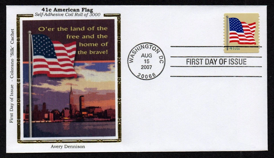 USA, SCOTT # 4189, COLORANO SILK FDC COVER 2007 AMERICAN FLAG, AVERY DENNISON - Image 1 of 1