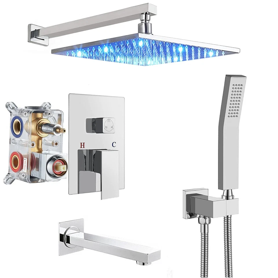 Shower Faucet Set System 8" Led Rain Head Combo Mixer Valve Wall Mount Chrome - Image 1 of 4