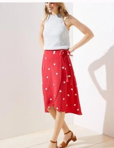 LOFT Red & White Polka Dot True Wrap Tie Side Midi Skirt Asymmetric Hem Sz 14 - Picture 1 of 7