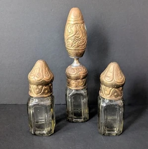 Set of 3 Antique Glass Turkish Shoe Shine Apothecary Bottles Ornate Brass *READ* - Picture 1 of 4