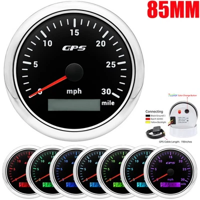 85MM Waterproof 7 Colors GPS Speedometer 0-30MPH Gauge for Motorcycles Boat Car - Image 1 of 4