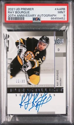 PSA 9 Ray Bourque 2021 UD Premier 20th Anniversary AUTOGRAPH AUTO #/35 POP 1 - Image 1 of 2