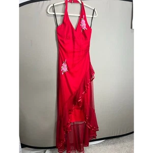 Vintage Rebecca 90s Red Dress Floral Womens Small Fairy Prom Cocktail Halter - Picture 1 of 16