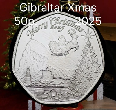 Gibraltar 🇬🇮 Moneda 50 peniques 2025 Navidad Papá Noel Roca Reno Rojo Foto 1 de 4