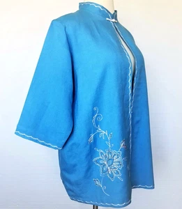 Yi Lin Kimono Top Jacket NEW Blue Beads & Embroidery Mandarin Collar Womens 1X - Picture 1 of 12