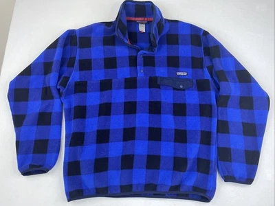 Patagonia Buffalo Plaid Synchilla Snap-T Fleece Pullover Jacket Mens Large Blue - Image 1 of 4