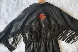 NICE size 10 Harley Davidson Black Leather Fringe Jacket Women's Biker Coat