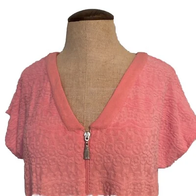 Bata de rizo Stan Herman para mujer talla mediana rosa cremallera frontal cuello en V manga corta bolsillo Foto 1 de 4