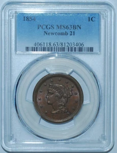 1854 PCGS MS63BN Brown N-21 RPD Repunched Date Braided Hair Large Cent - Picture 1 of 3