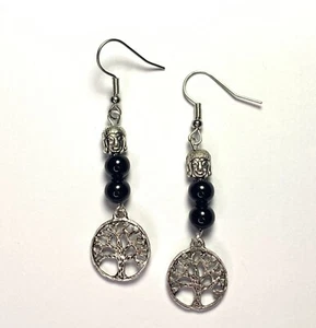 Boucles d'oreilles Arbre de Vie Bouddha pierre Obsidienne - Imagen 1 de 2