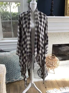 Lightweight Fringe-Bottom Open Front Plaid Jacket, Size Large - Picture 1 of 6
