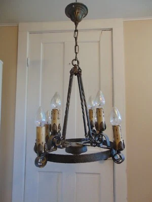 Antique Quoizel Ceiling Light Fixture 1930 8 Sockets Wrought Iron Brass 20" Wide - Image 1 of 4