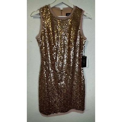 Vestido Vince Camuto Rubor Dorado Lentejuelas Noche Cóctel Funda Talla 4 Foto 1 de 4