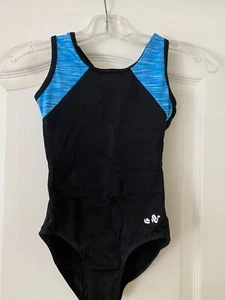 Alpha Factor Child Large Gymnastics Leotard, Black and Blue, Stretchy Material - Picture 1 of 3
