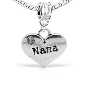 Antique Silver "Nana W/Crystal" Heart Charm For European Charm Bracelet