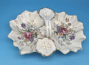 Piatto da portata in ceramica vintage con manico finitura oro bianco design floreale - Foto 1 di 4