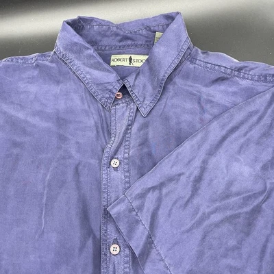 Camisa abotonada Robert Stock XL de seda azul púrpura manga corta de lujo de colección Foto 1 de 4