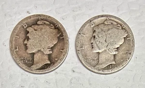 Lot of 2 Early Date Silver Mercury Dimes, 1916 & 1917-S, Both AG Condition - Picture 1 of 2