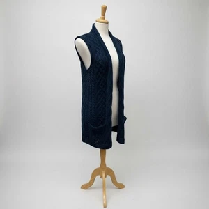 Kilronan Knitwear Irish Knit Open Front Long Vest XSMerino Wool Blue Fisherman - Picture 1 of 10