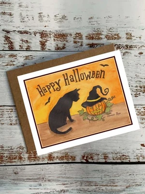 SOMMER RAYN Black cat with a witches hat and jack-o-lantern pumpkin Halloween notecard, #714