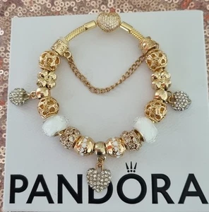 Genuine Pandora Bracelet Gold Pave Heart Clasp+ Gold Charms 19 cm + Pandora Box - Picture 1 of 8
