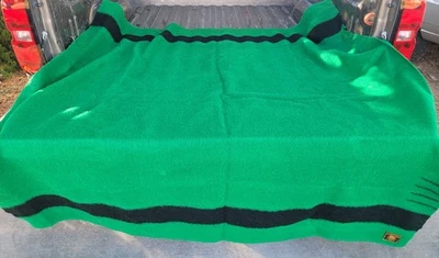 Vintage Early's Whitney Point England Green 4 Black Stripe Wool Blanket 90x76" - Image 1 of 4