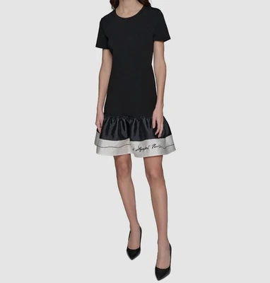 Karl Lagerfeld Paris Women's Black Two-Tone Embroidered Ruffled-Hem Dress Size L - Image 1 of 3