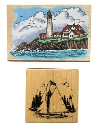 Lote náutico de 2 estampillas de goma montadas en madera velero faro navegación océano Foto 1 de 4